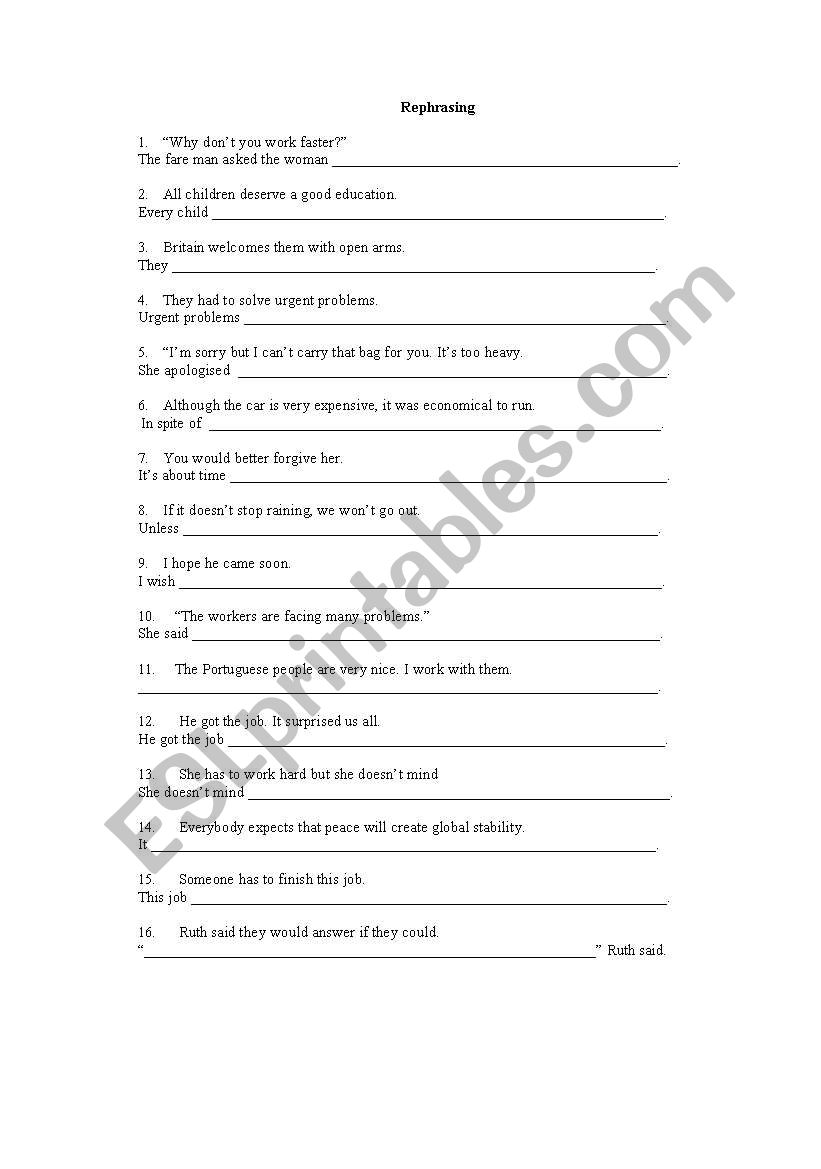 mixed rephrasing worksheet