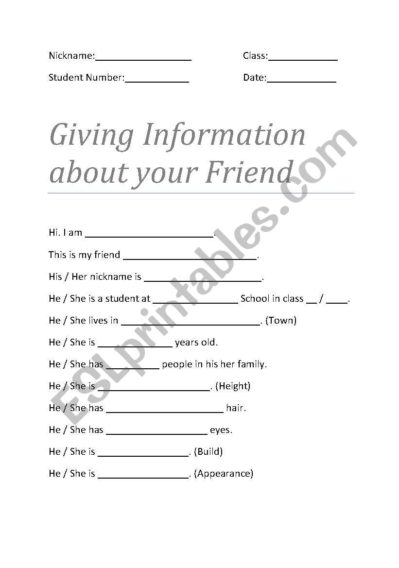 Describiing a friend worksheet