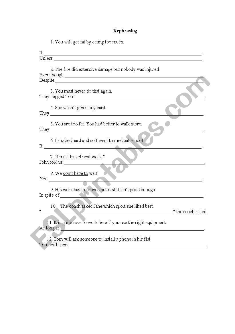 mixed rephrasing  worksheet