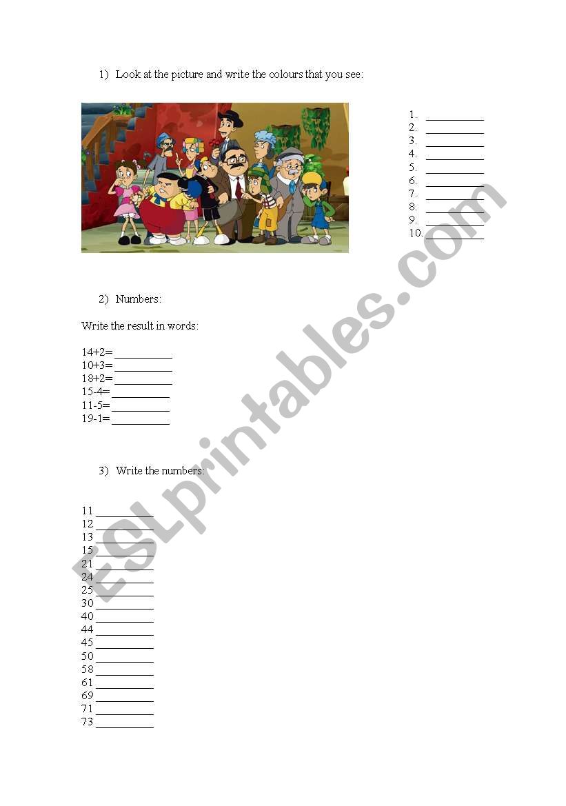 Colours and numbers worksheet