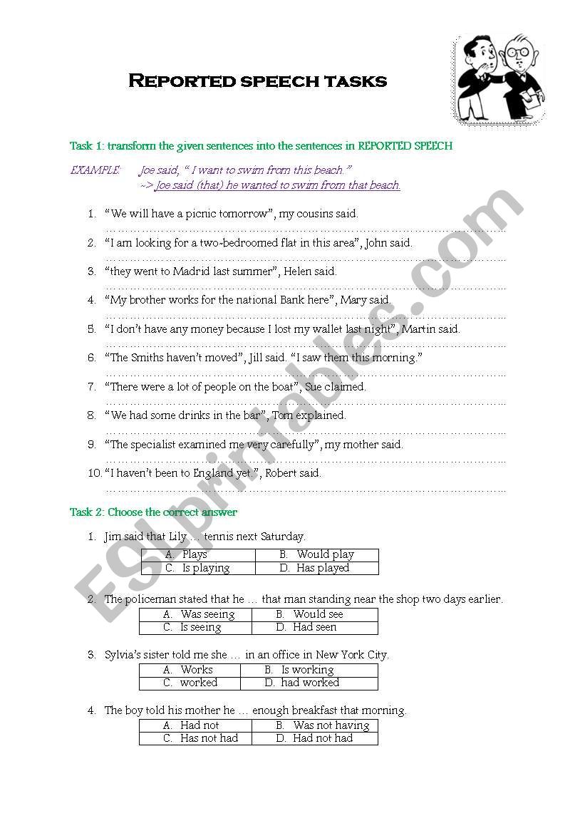 REPORTED SPEECH TASKS worksheet