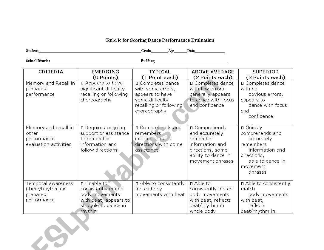 rubrics in dancing worksheet