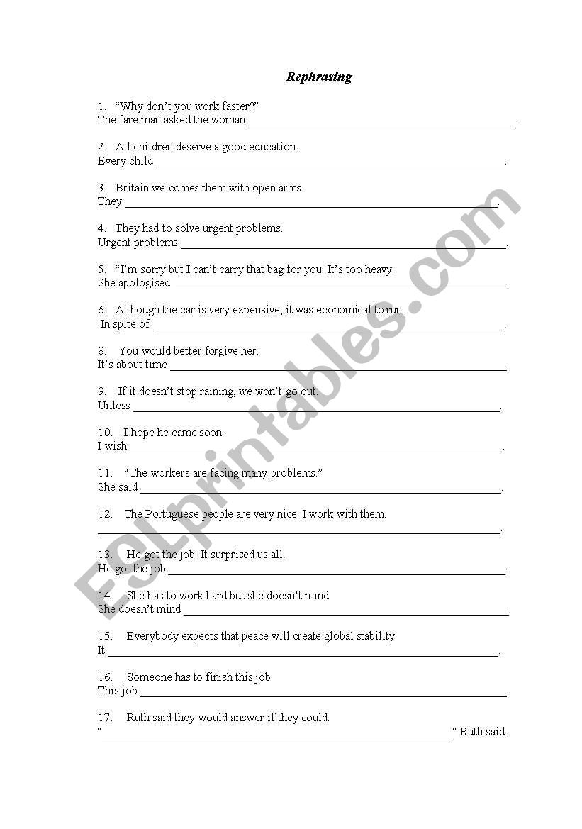 mixed rephrasing  worksheet