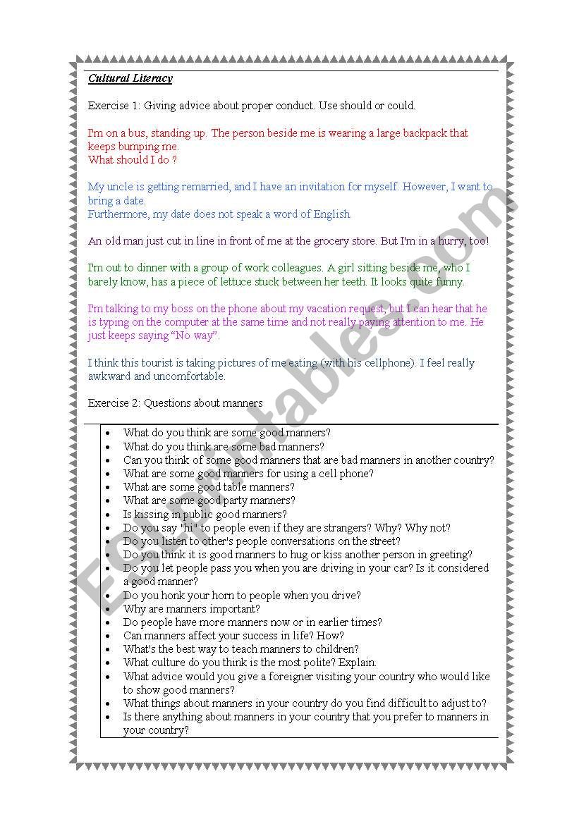 Cultural literacy worksheet