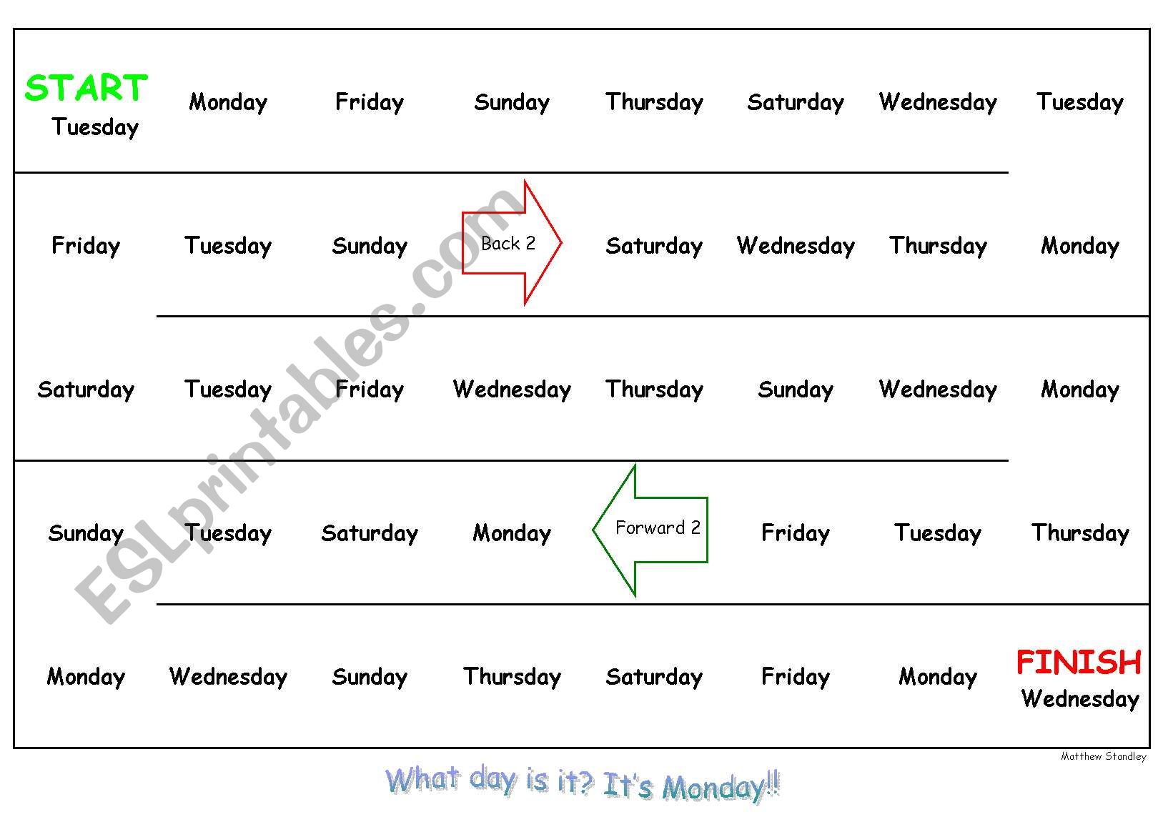 Days of the week Sunday to Saturday Game-board A3 Colour