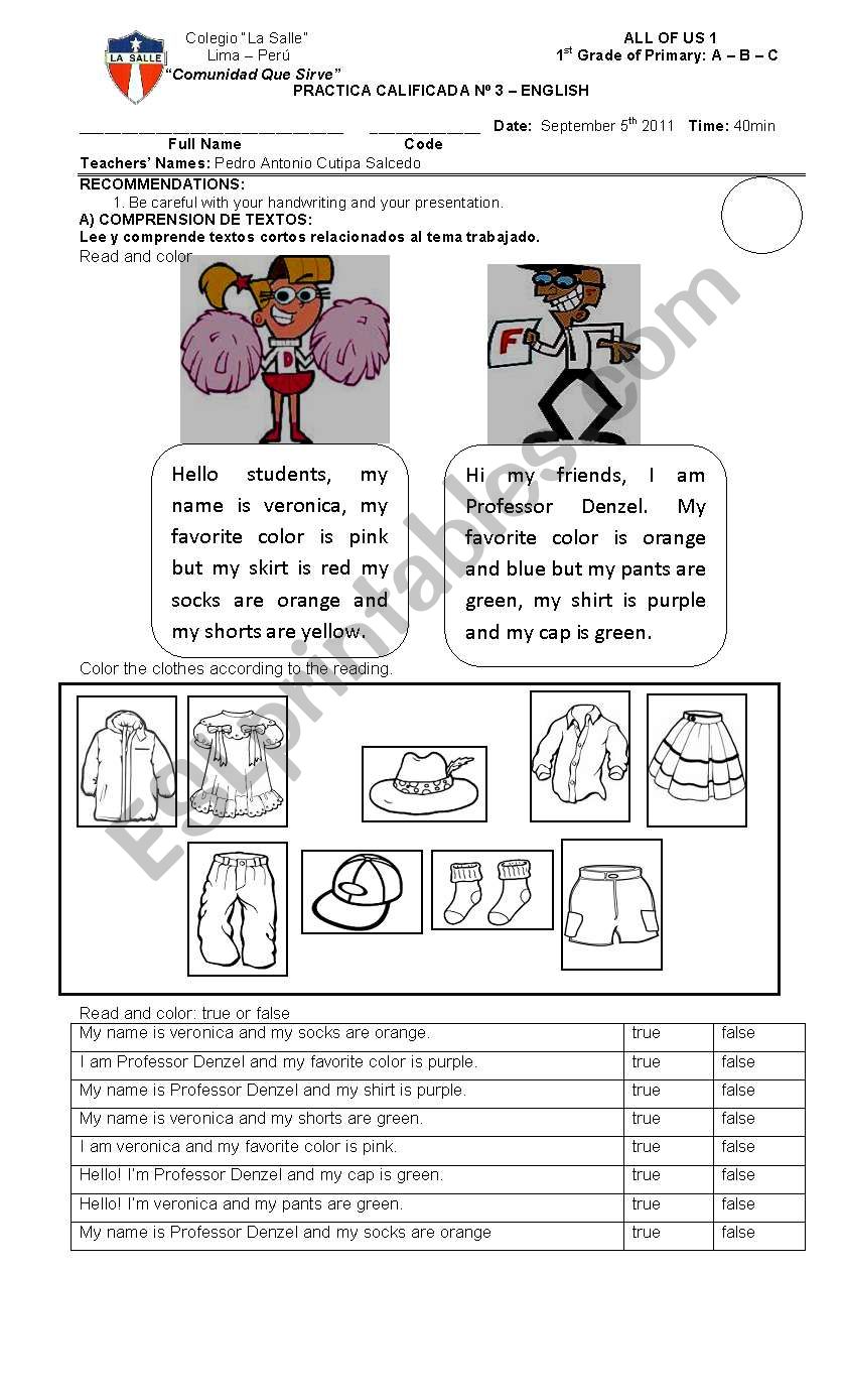 clothes and colors exam. worksheet