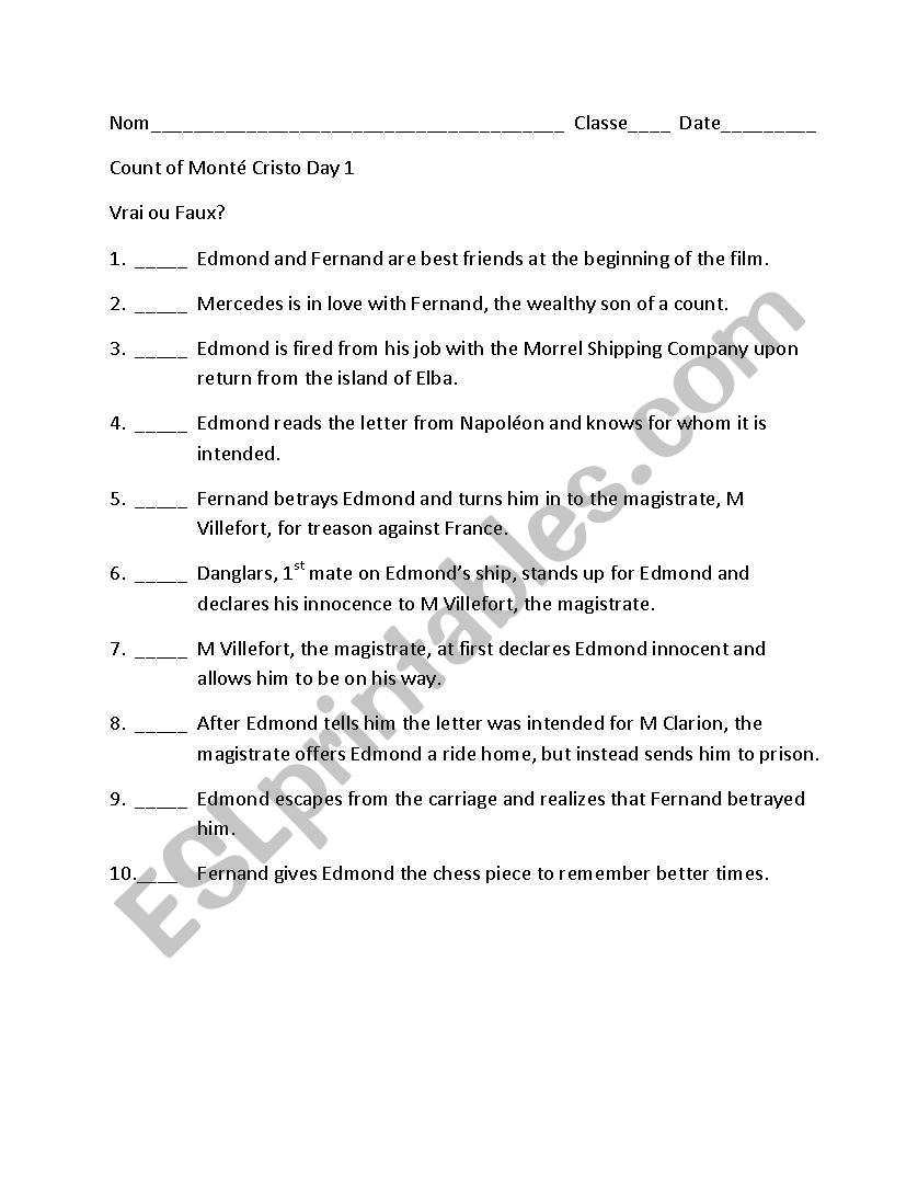 Count of Monte Cristo Film True False Questions