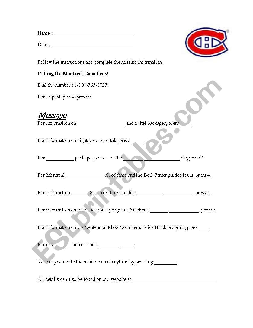 Montreal canadians worksheet
