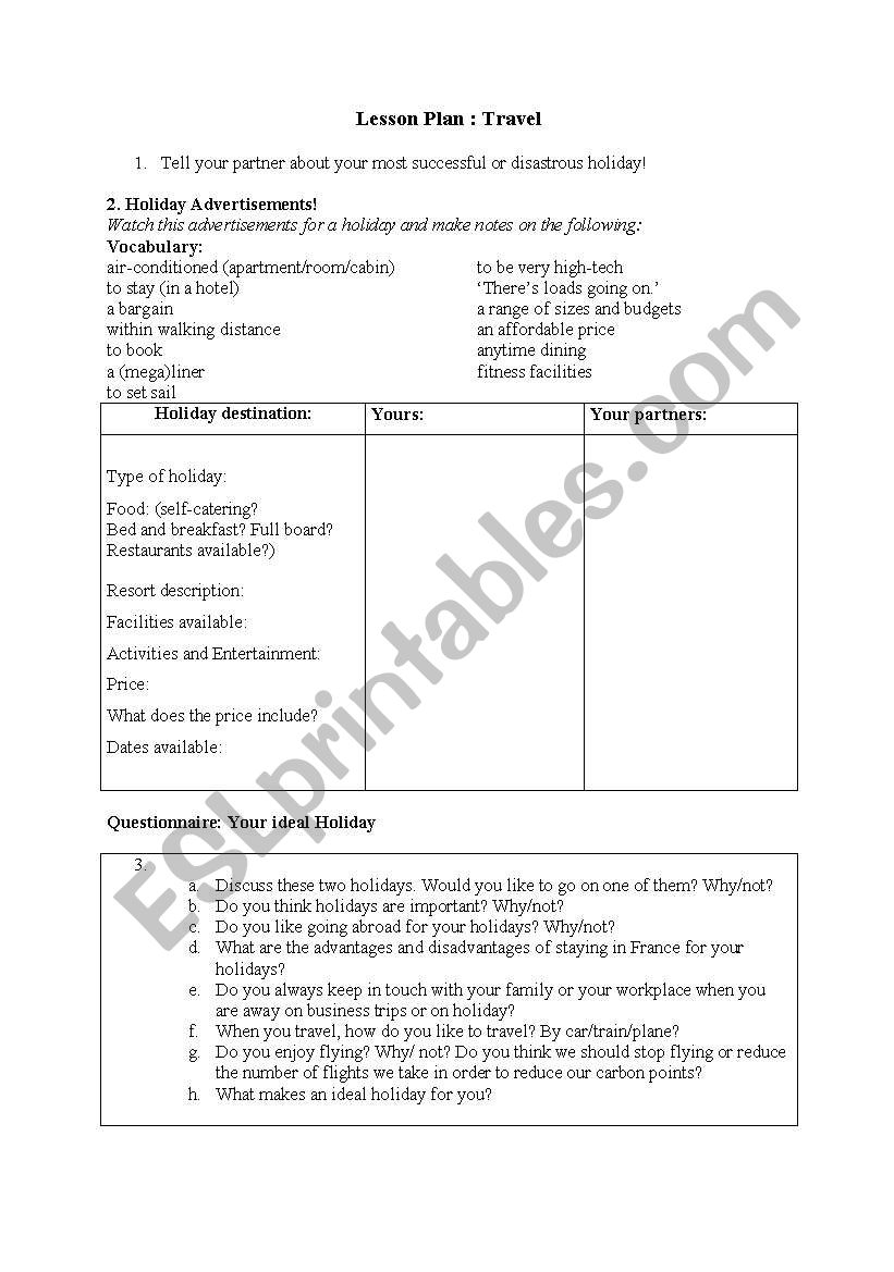 Travelling worksheet