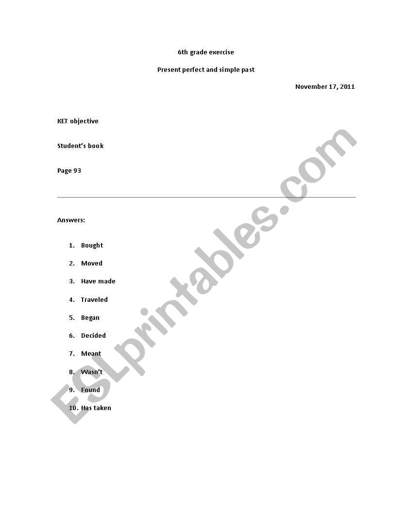 6 grade present perfect exercise
