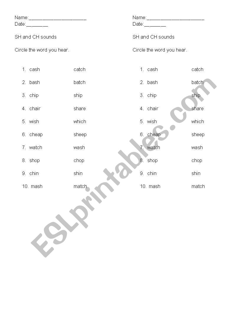 SH and CH minimal pair worksheet
