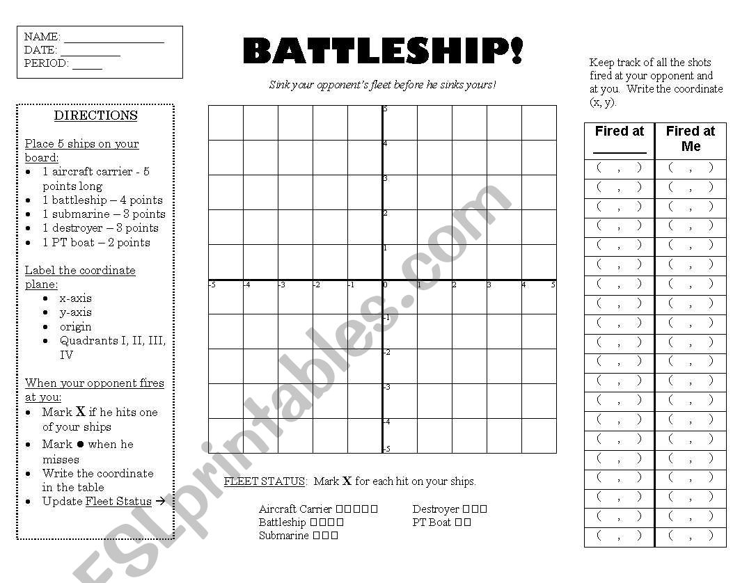 Battleship worksheet