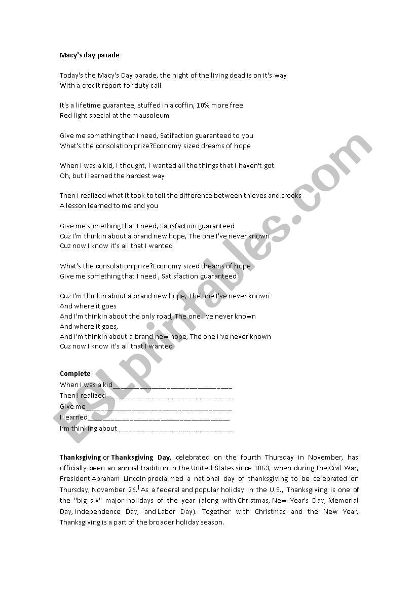 Macys day parade - Green Day worksheet