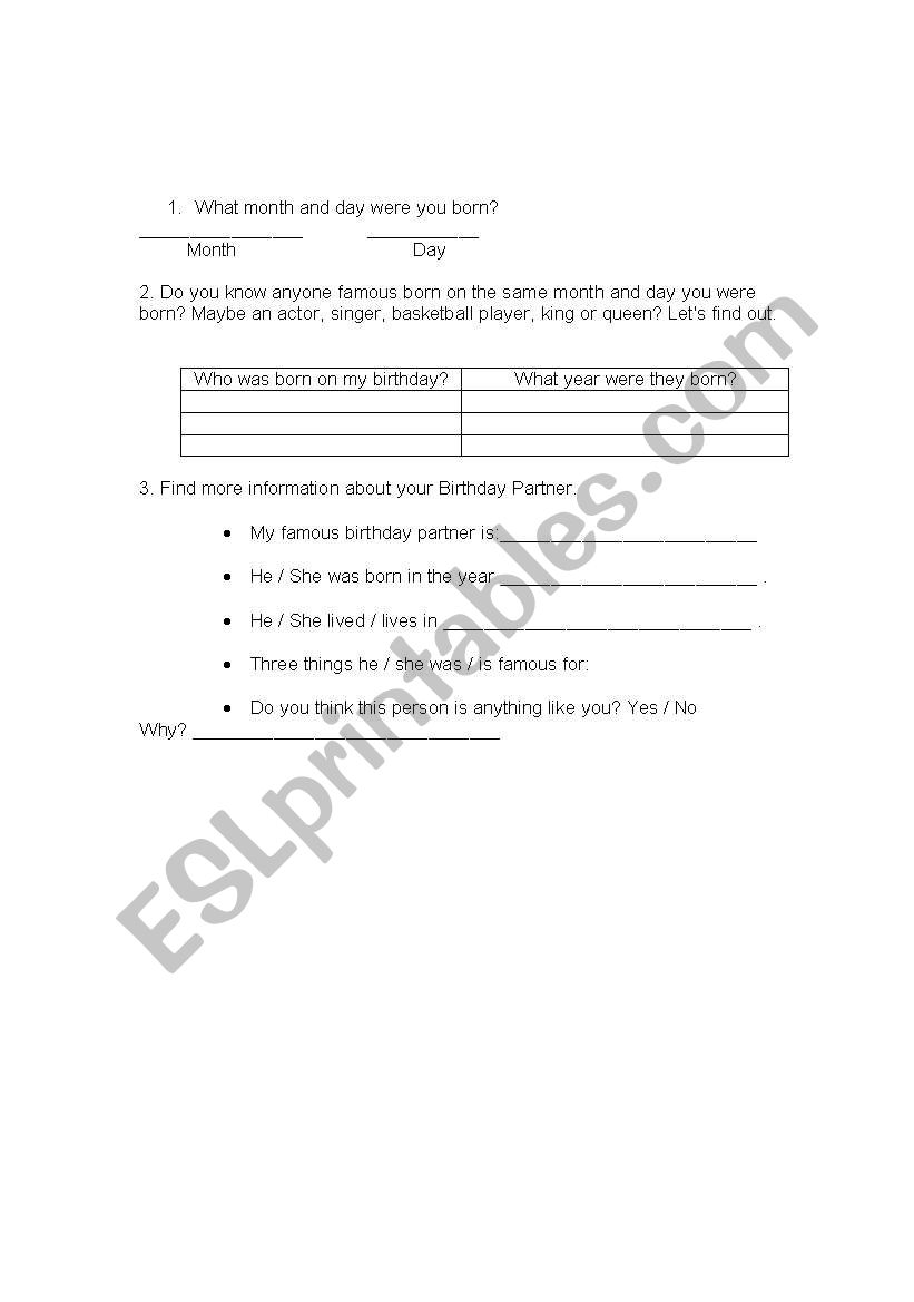 birthday worksheet