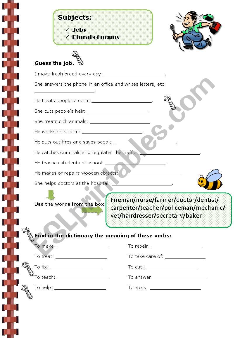 Jobs and plural of nouns worksheet