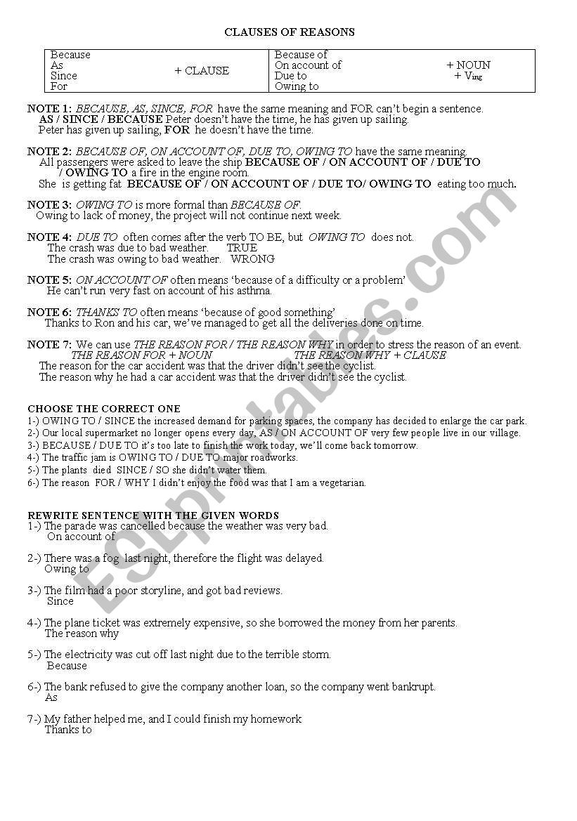 Clauses of Reason worksheet