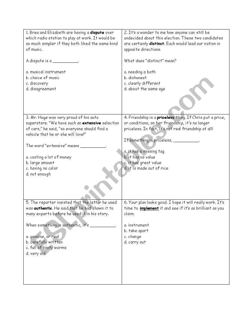 Context Clues Card Game worksheet