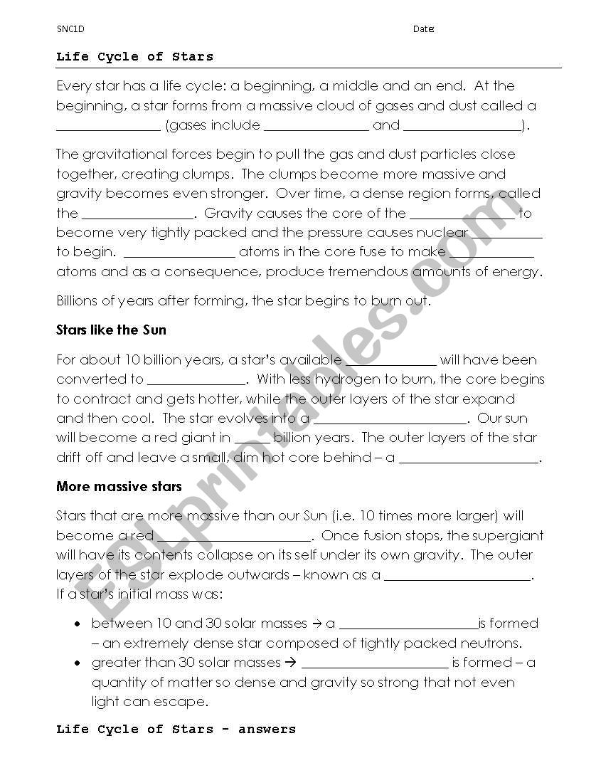 Stellar Formation worksheet