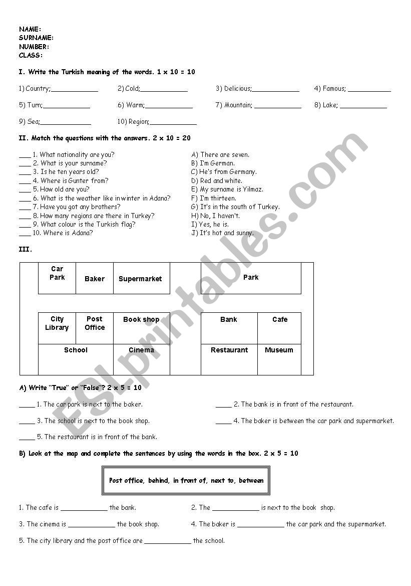 Exam for 5th grade (Turkish) students 