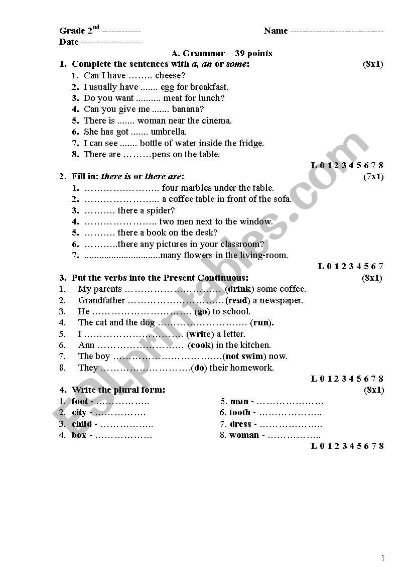 Grammar test worksheet
