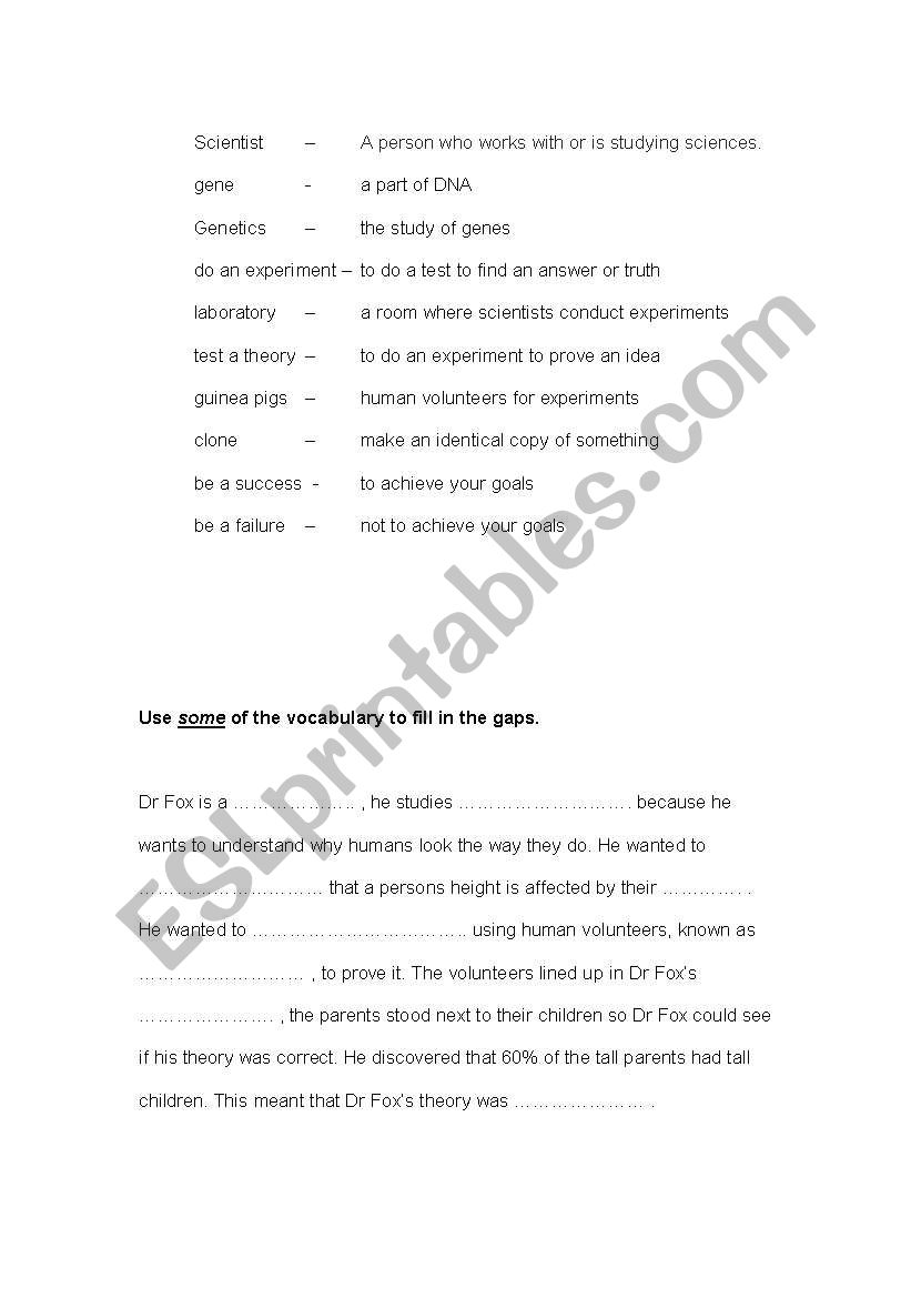 Science words and exercise worksheet