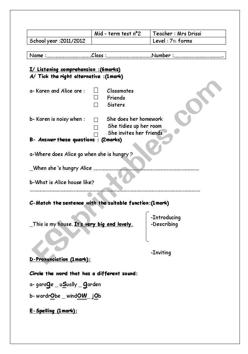 7th mid term test worksheet