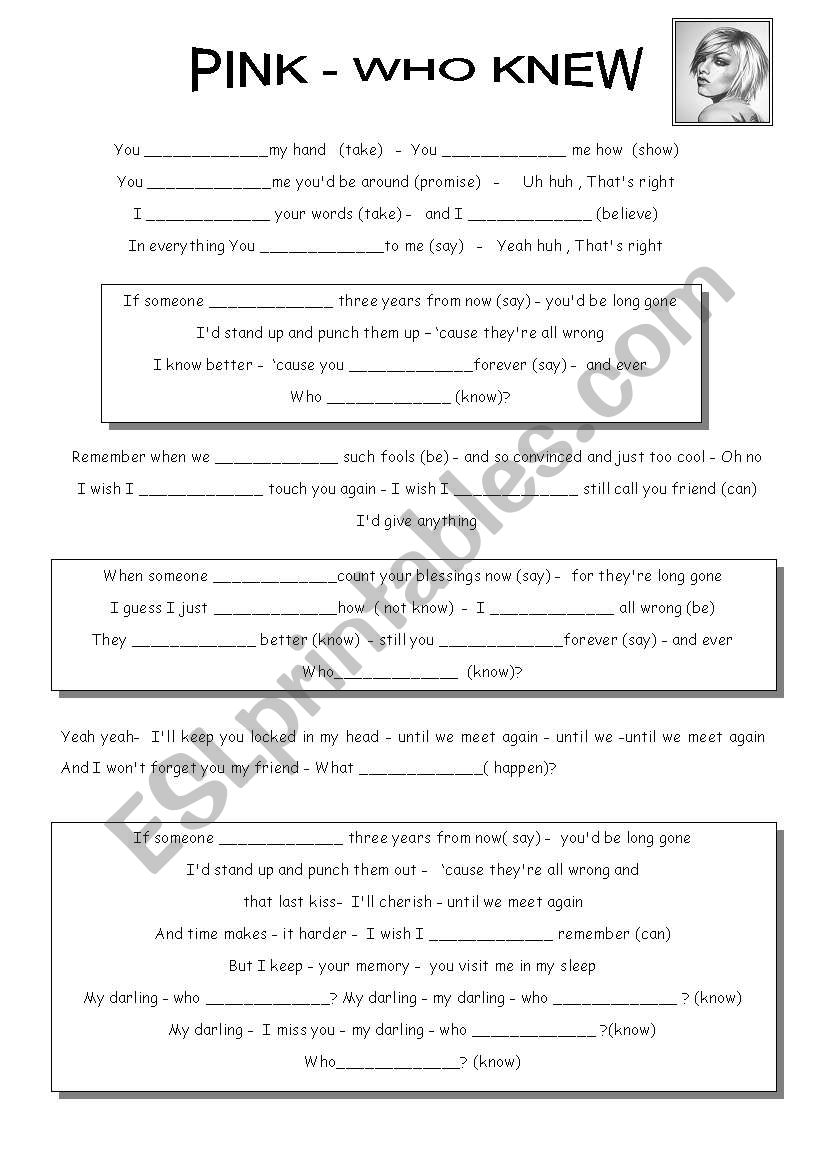 song - Pink- who knew worksheet
