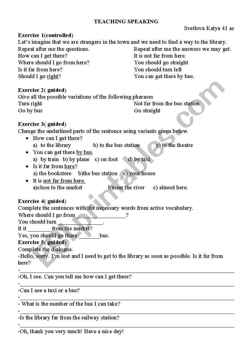 Speaking lesson directions worksheet