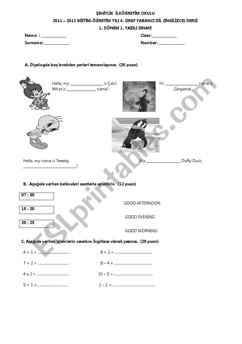 exam worksheet