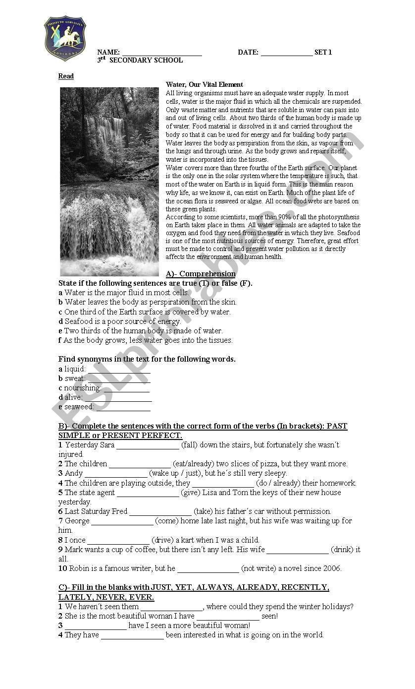 Water, our vital element Test worksheet