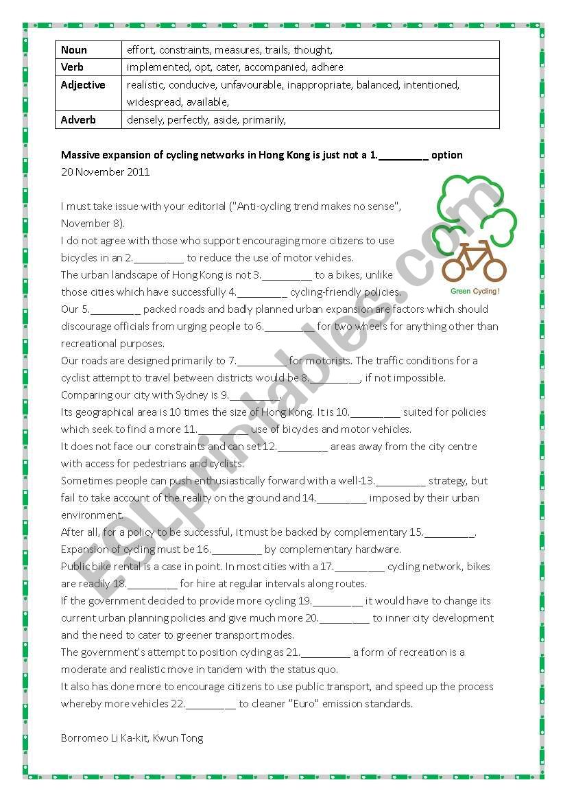 Cloze passage worksheet