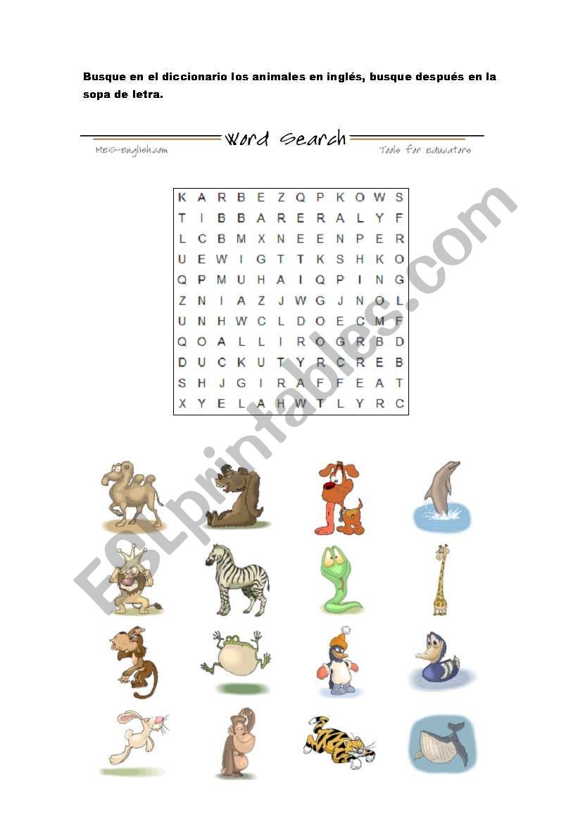 Animals wordsearch worksheet