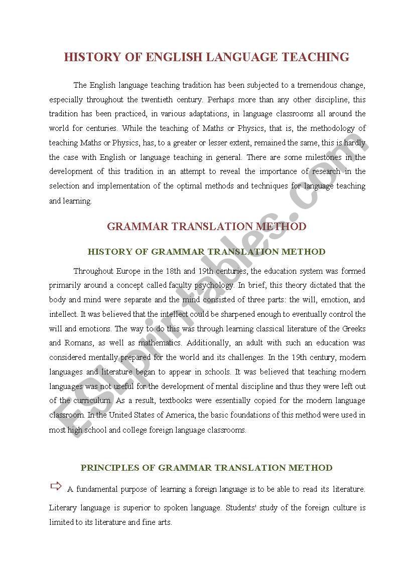 History of ELT / Approaches worksheet
