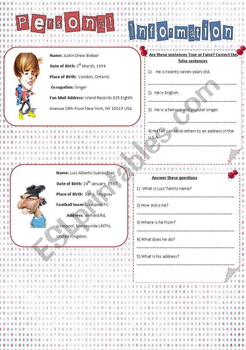 personal information worksheet