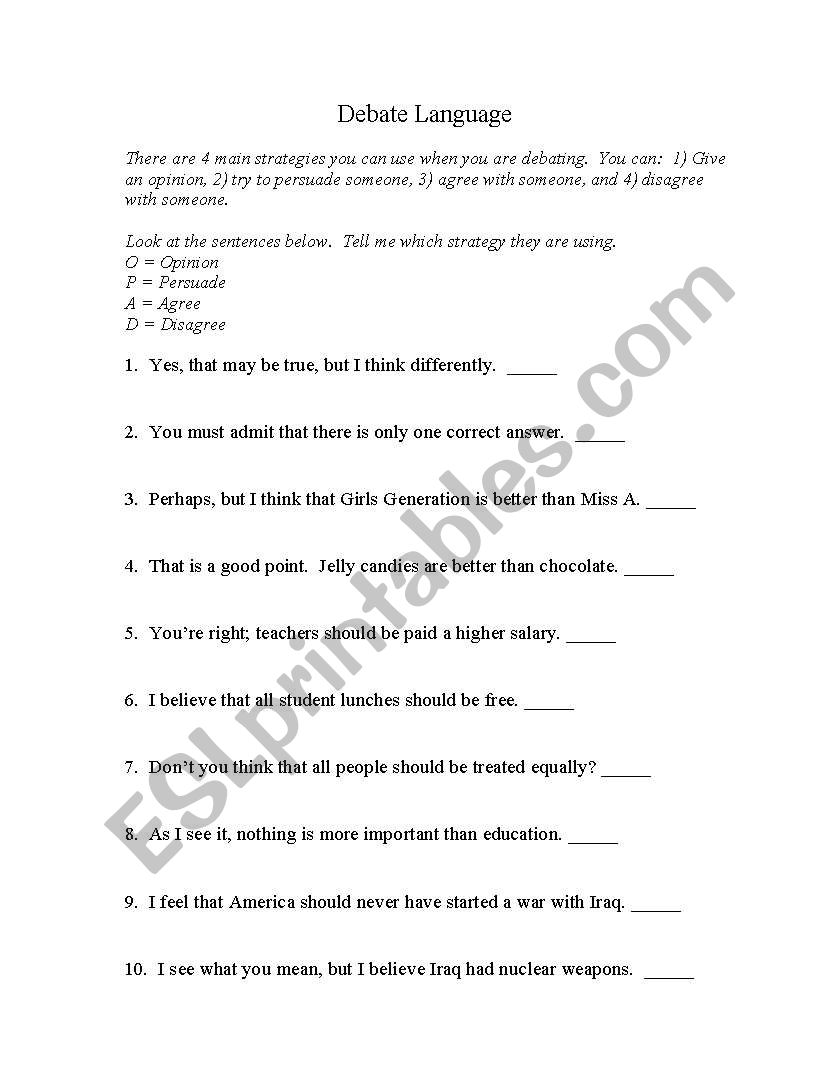 Debate Language worksheet