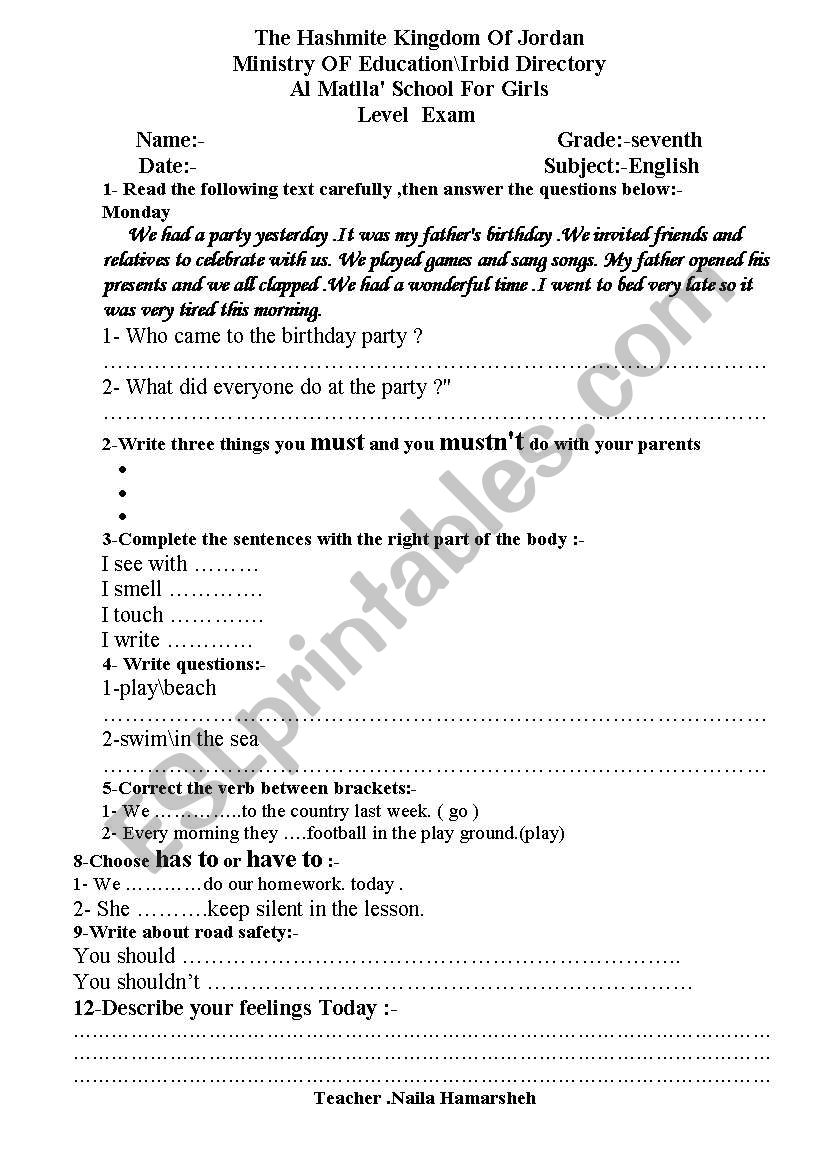 seventh grade level exam  worksheet