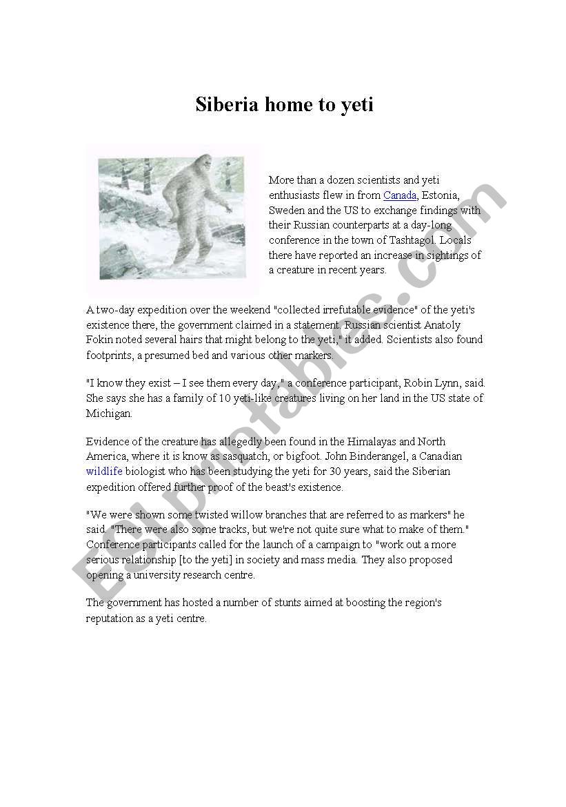 Siberia home to the yeti worksheet