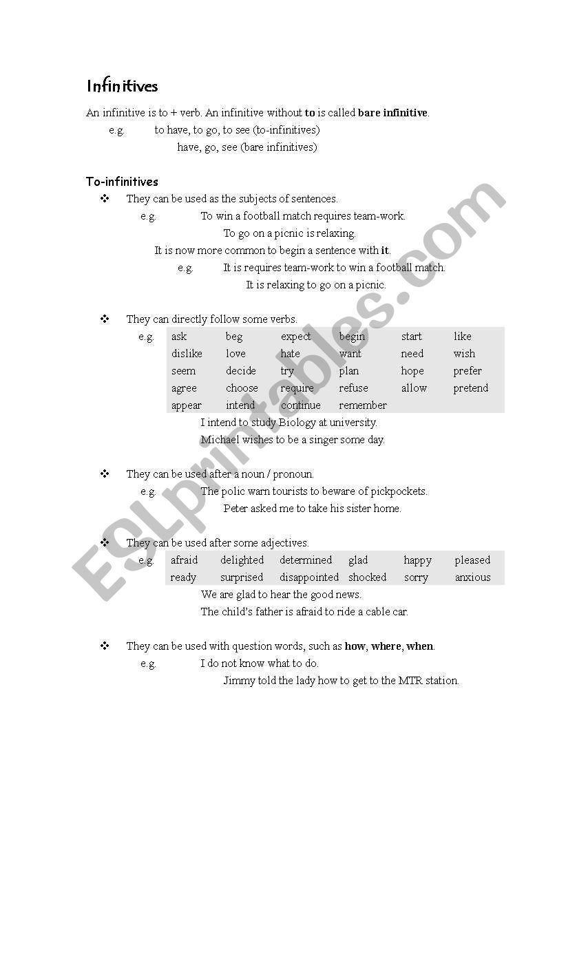 Gerund and Infinitives worksheet