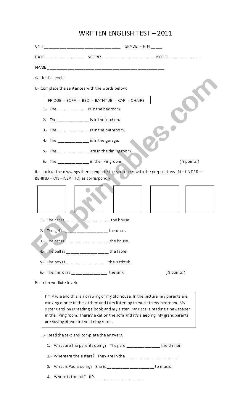 Test of fifth year worksheet