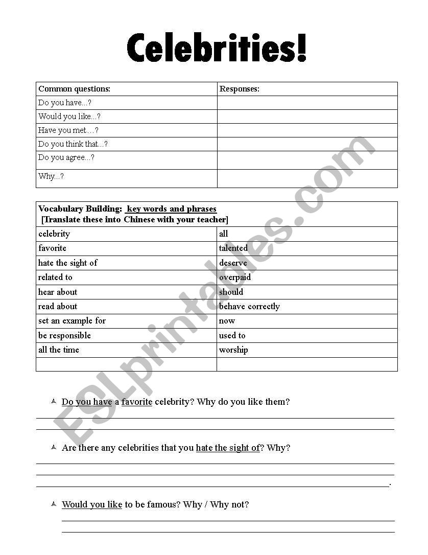 Talking about celebrities. worksheet