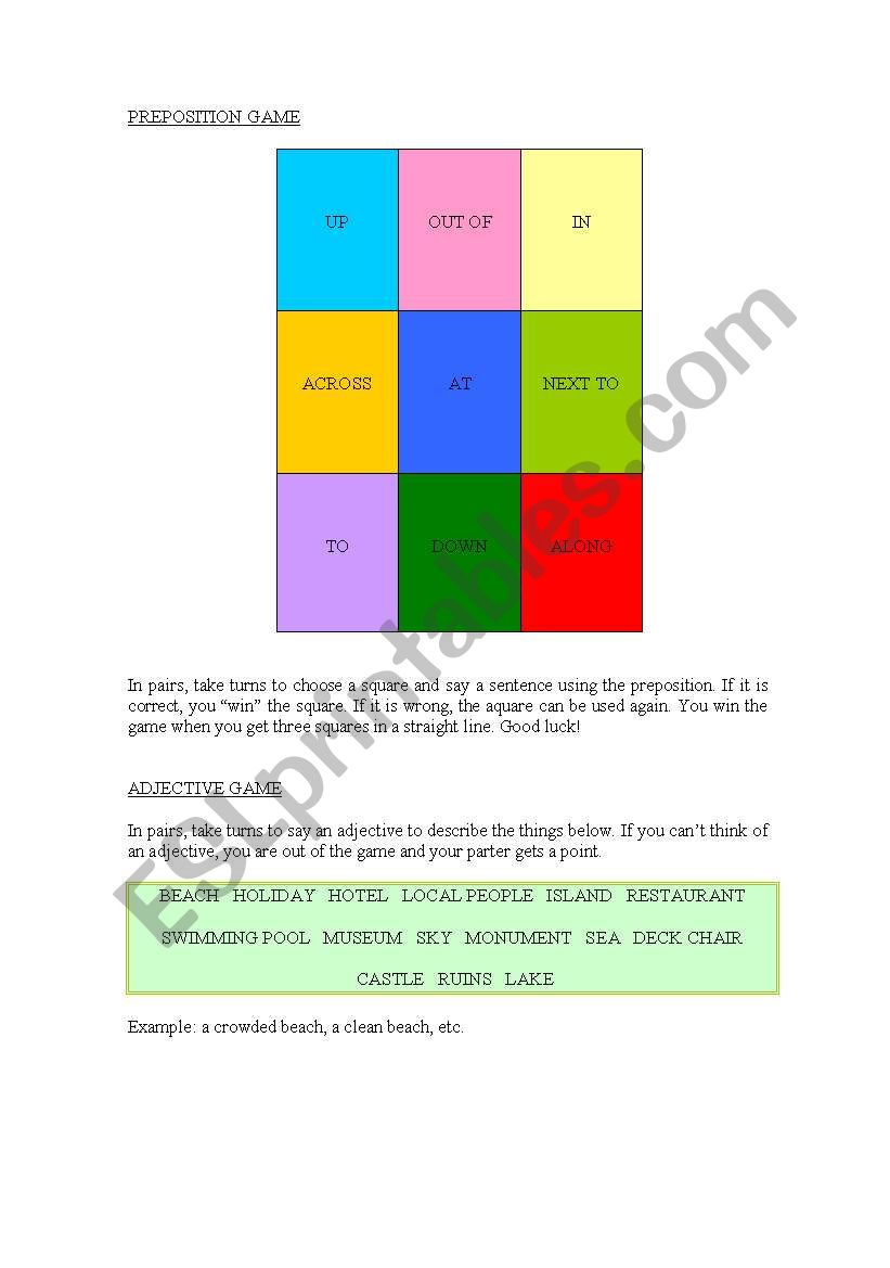 PREPOSITION AND ADJECTIVE GAME