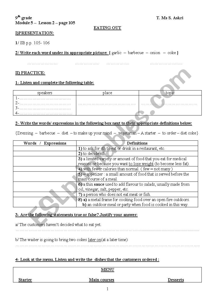 9th gr, module 5 lesson2 : EATING OUT