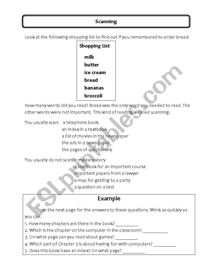 Scanning worksheet