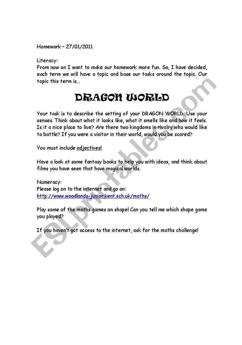 Dragon World Homework worksheet