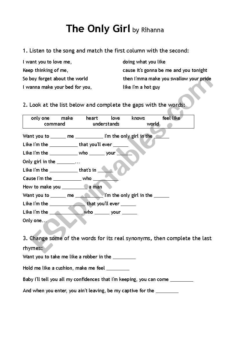 Only Girl by Rihanna worksheet