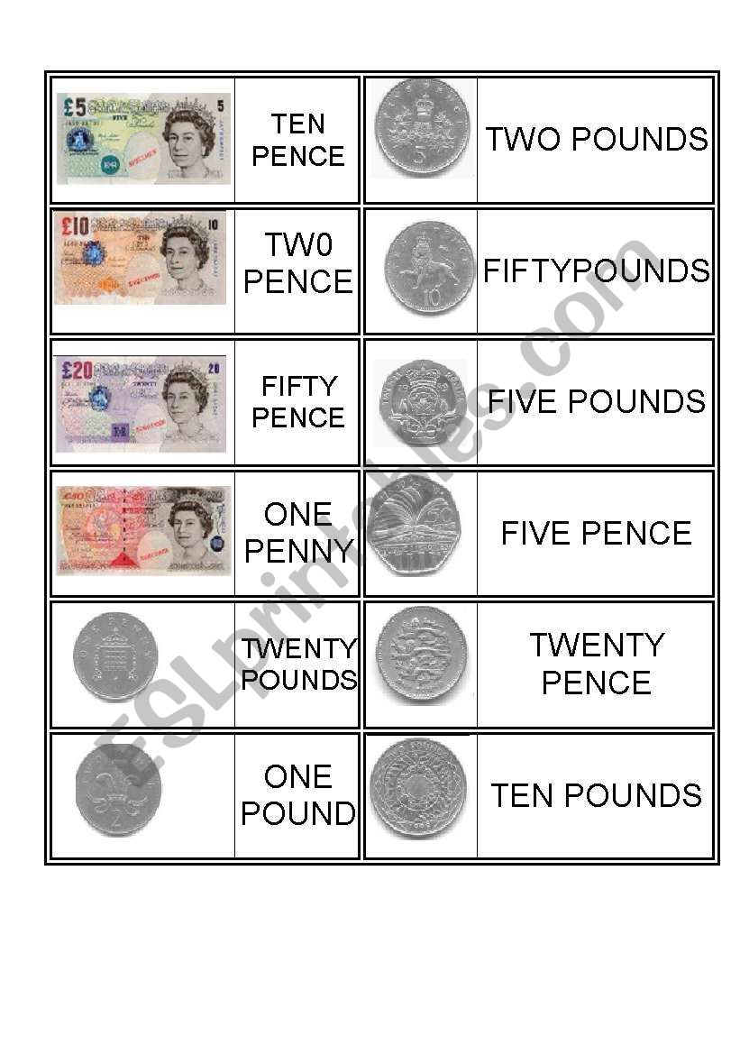 Money dominoes worksheet