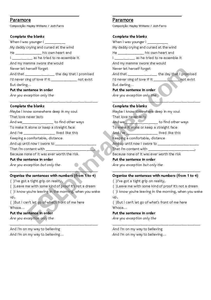 The only exception activity worksheet