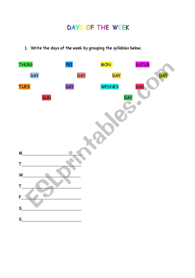 Days of the week worksheet