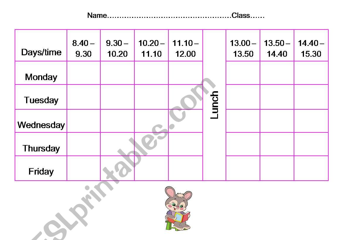Classroom timetable worksheet