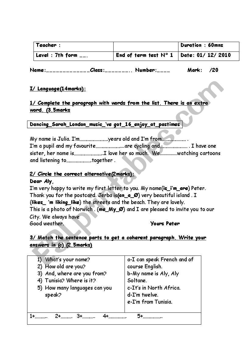 End term test n 1 worksheet